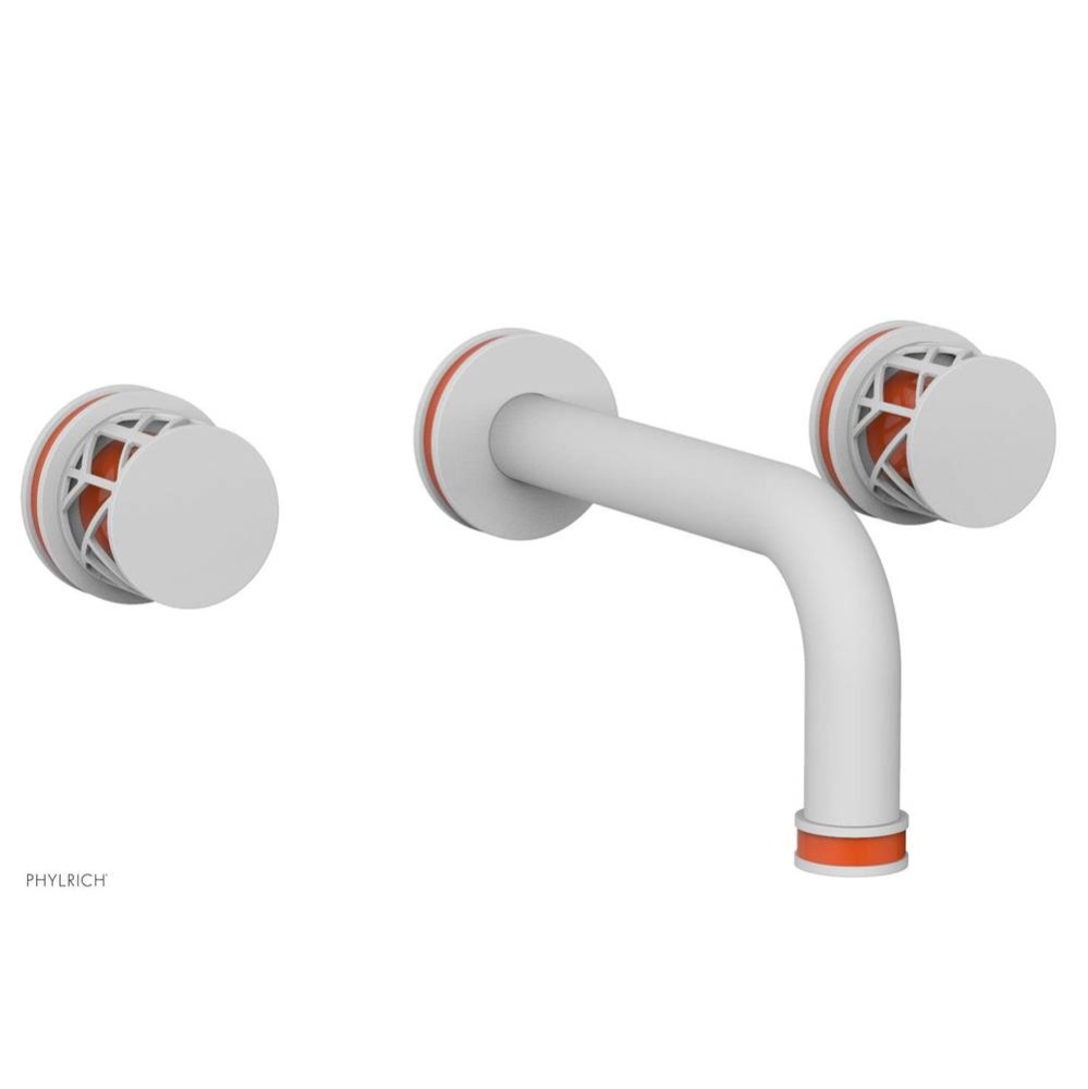 Satin White Jolie Two Handle Wall Faucet With Tubular Spout, Round Cutaway Handles, And Orange Acc