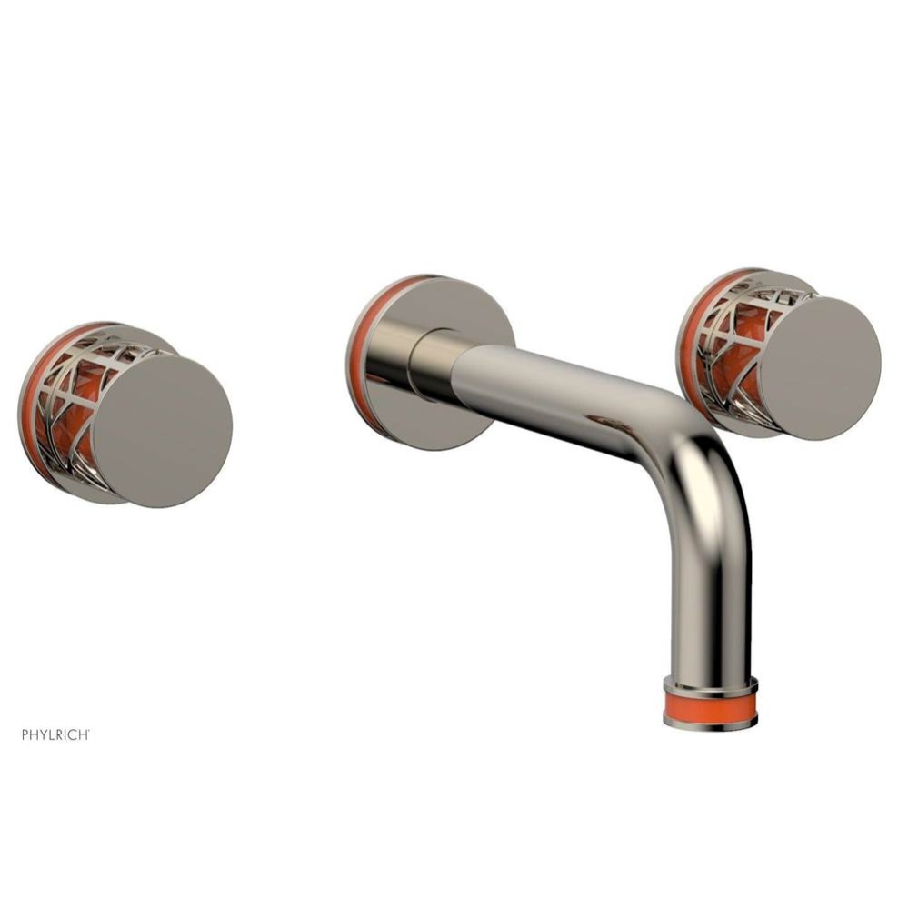 Polished Nickel Jolie Two Handle Wall Faucet With Tubular Spout, Round Cutaway Handles, And Orange