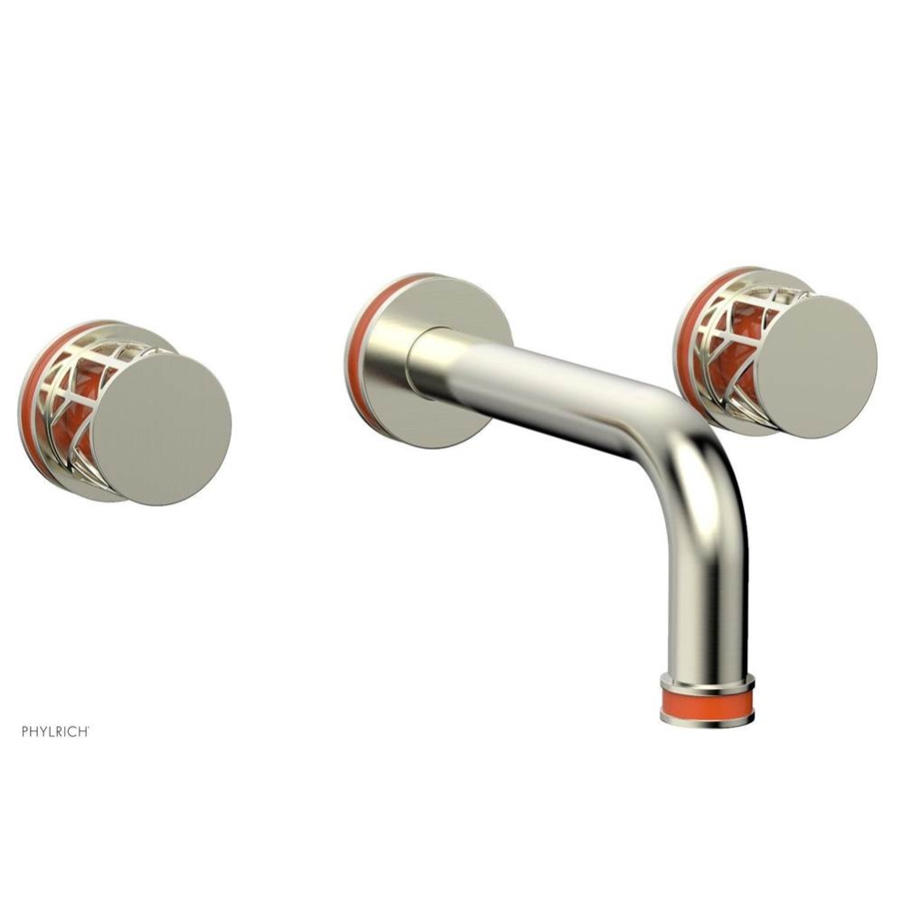Satin Nickel Jolie Two Handle Wall Faucet With Tubular Spout, Round Cutaway Handles, And Orange Ac