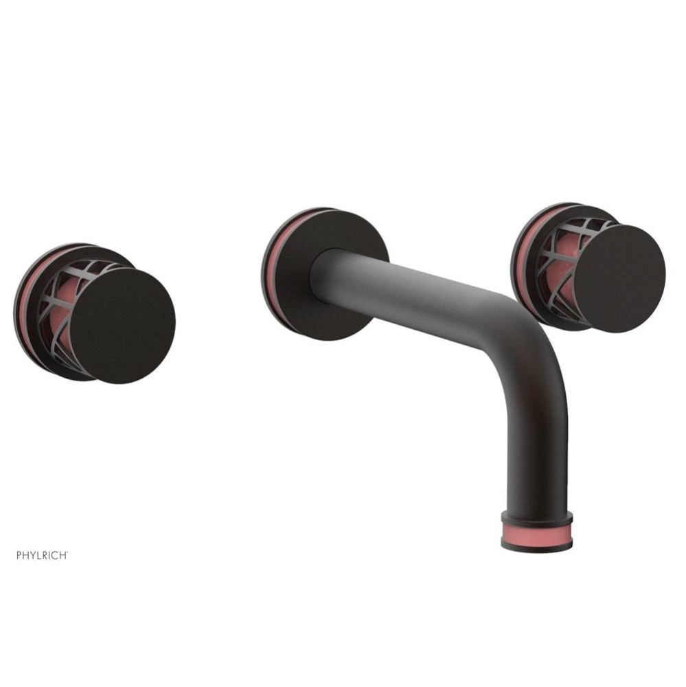 Oil Rubbed Bronze Jolie Two Handle Wall Faucet With Tubular Spout, Round Cutaway Handles, And Pink