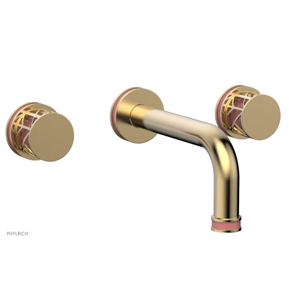 Satin Brass Jolie Two Handle Wall Tub Set With Tubular Spout, Round Cutaway Handles, And Pink Acce