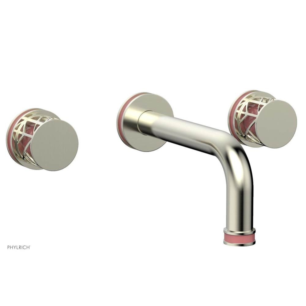 Satin Nickel Jolie Two Handle Wall Tub Set With Tubular Spout, Round Cutaway Handles, And Pink Acc