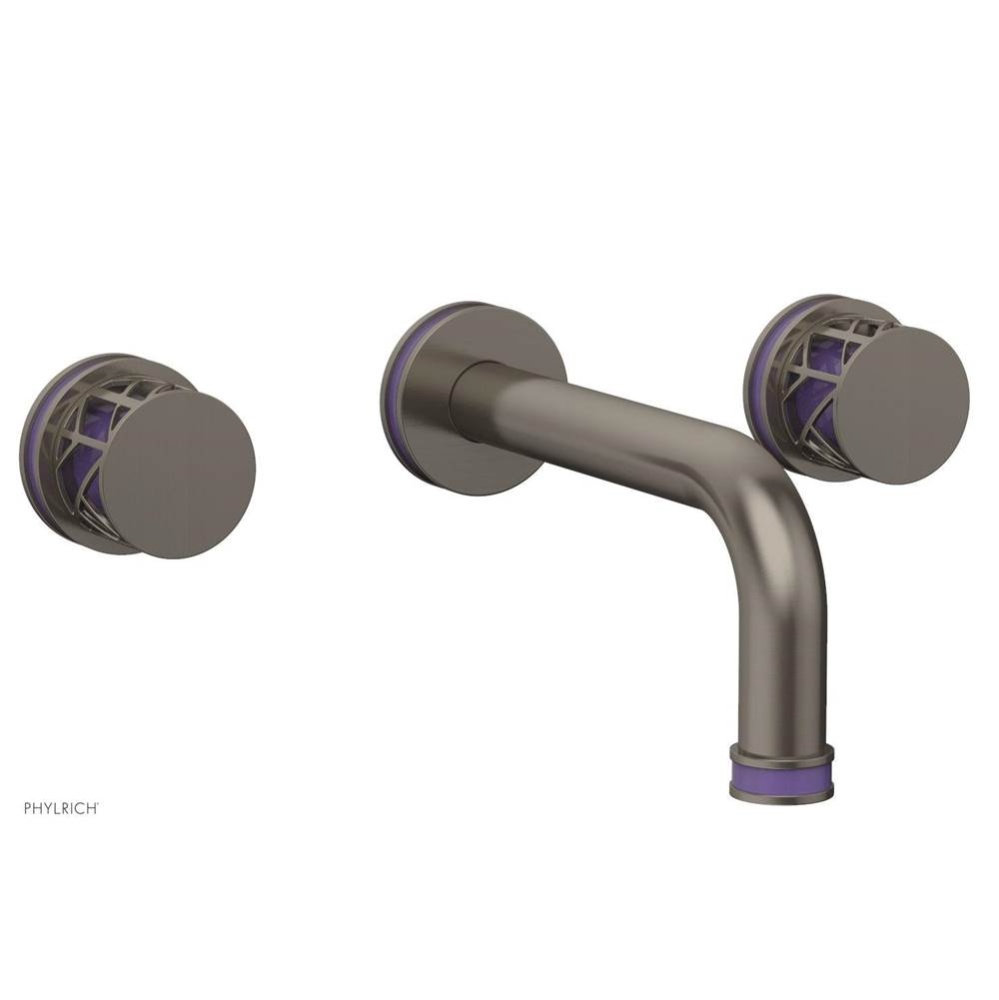 Pewter Jolie Two Handle Wall Tub Set With Tubular Spout, Round Cutaway Handles, And Purple Accents