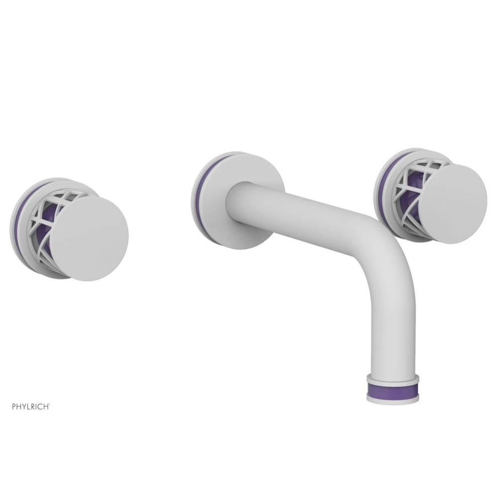 Satin White Jolie Two Handle Wall Faucet With Tubular Spout, Round Cutaway Handles, And Purple Acc
