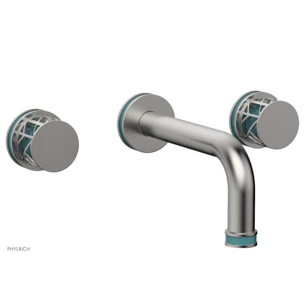 Satin Chrome Jolie Two Handle Wall Faucet With Tubular Spout, Round Cutaway Handles, And Turquoise