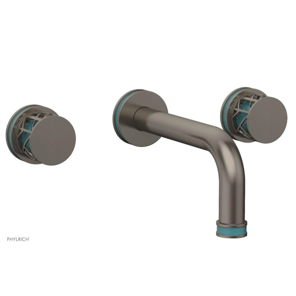 Pewter Jolie Two Handle Wall Faucet With Tubular Spout, Round Cutaway Handles, And Turquoise Accen