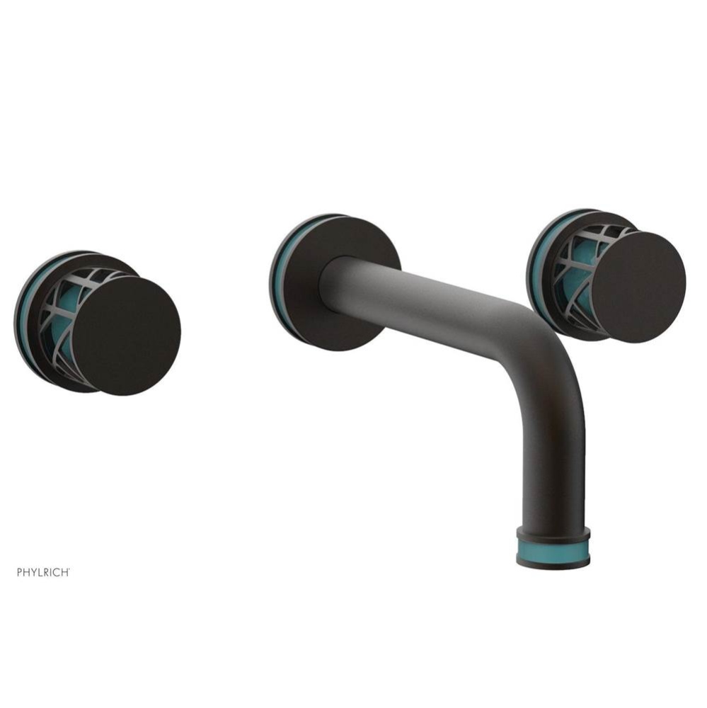 Oil Rubbed Bronze Jolie Two Handle Wall Faucet With Tubular Spout, Round Cutaway Handles, And Turq