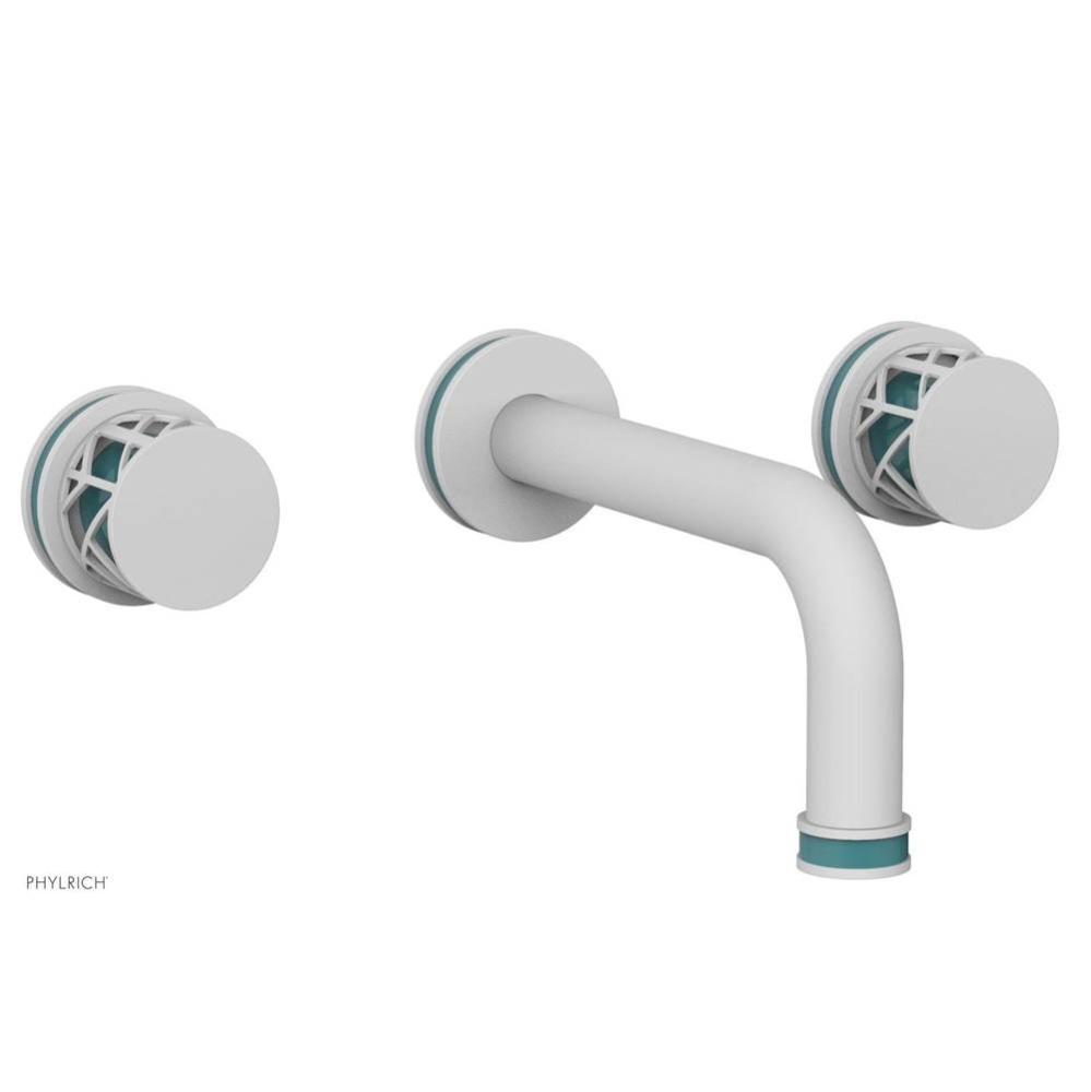 Satin White Jolie Two Handle Wall Faucet With Tubular Spout, Round Cutaway Handles, And Turquoise