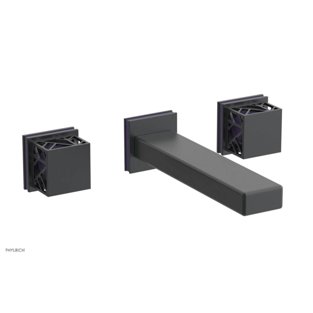 Gunmetal Gray Jolie Wall Faucet With Rectangular Spout, Square Cutaway Handles, And Purple Accents