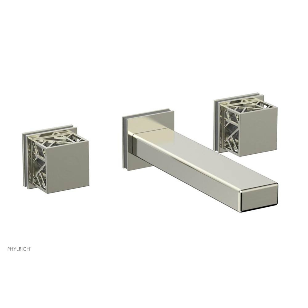 Satin Nickel Jolie Two Handle Wall Tub Set With Rectangular Spout, Square Cutaway Handles, And Gre