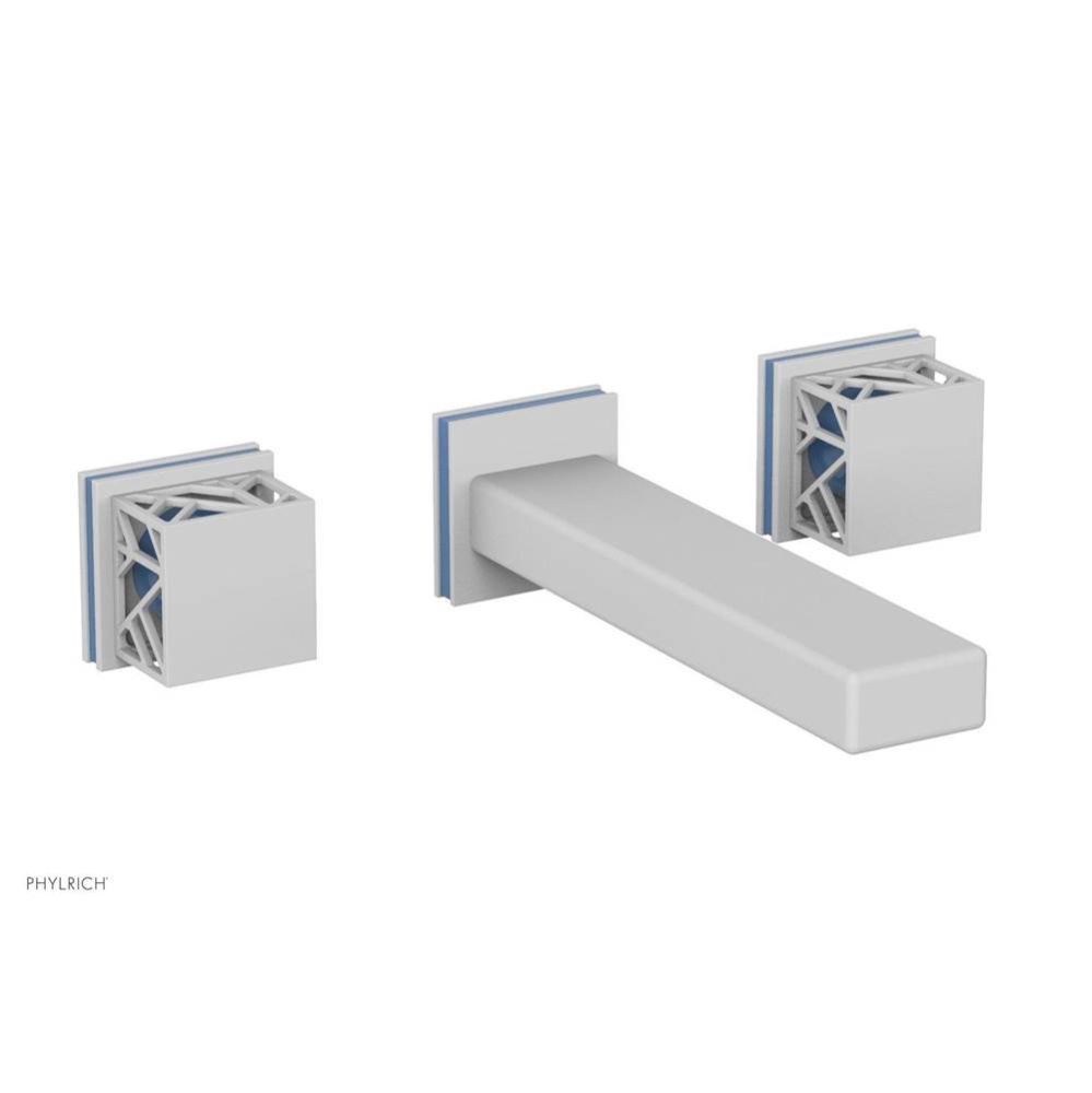 Satin White Jolie Wall Faucet With Rectangular Spout, Square Cutaway Handles, And Light Blue Accen