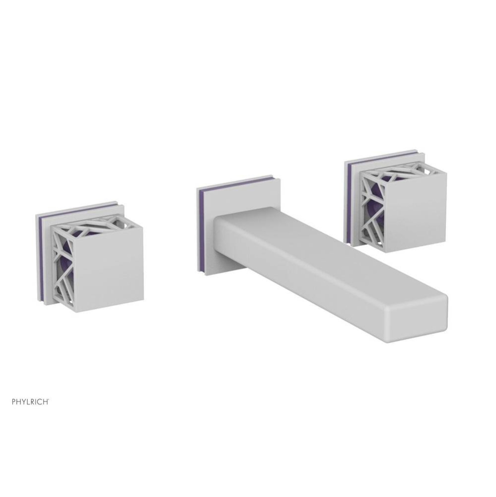 Satin White Jolie Wall Faucet With Rectangular Spout, Square Cutaway Handles, And Purple Accents -