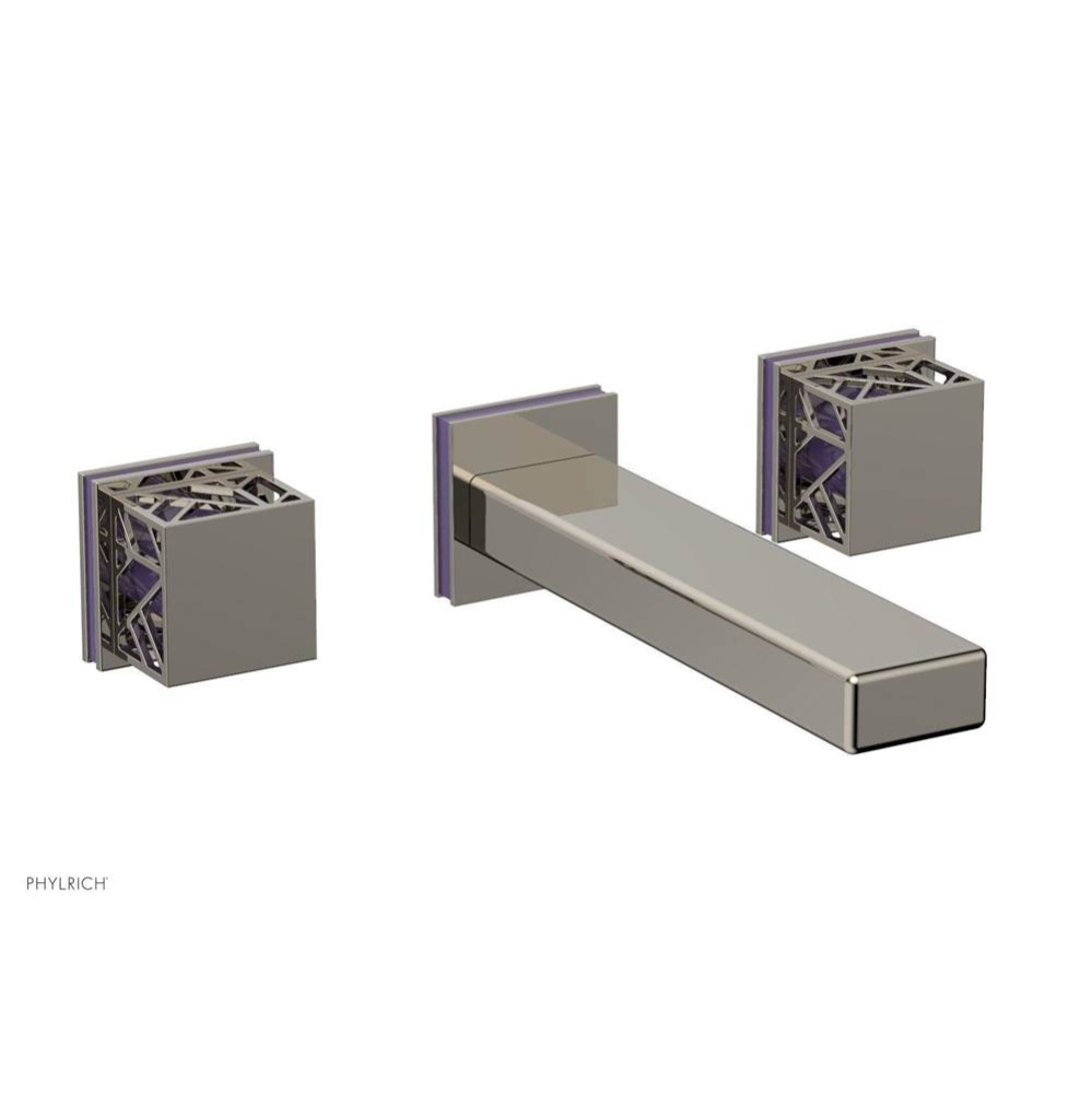 Polished Nickel Jolie Wall Faucet With Rectangular Spout, Square Cutaway Handles, And Purple Accen
