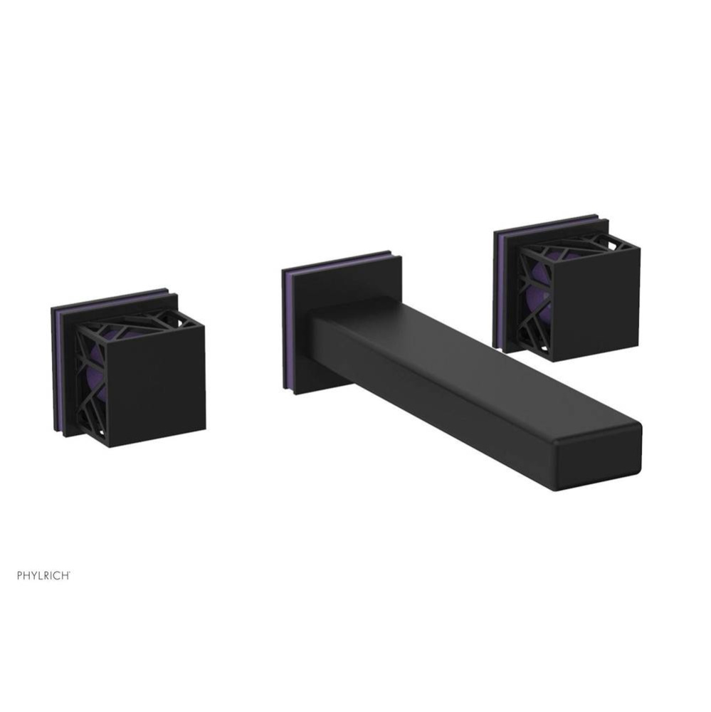Matte Black Jolie Wall Faucet With Rectangular Spout, Square Cutaway Handles, And Purple Accents -