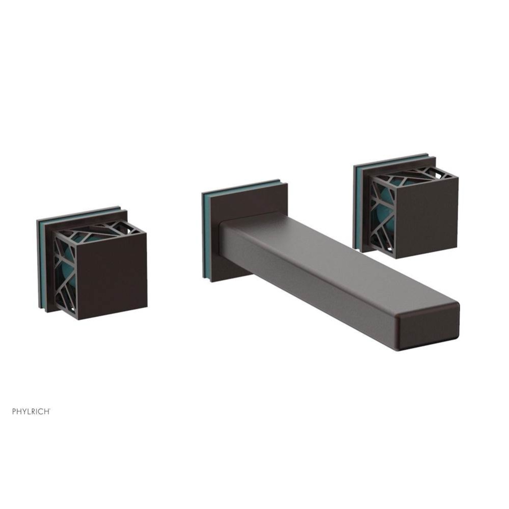 Weathered Copper Jolie Wall Faucet With Rectangular Spout, Square Cutaway Handles, And Turquoise A