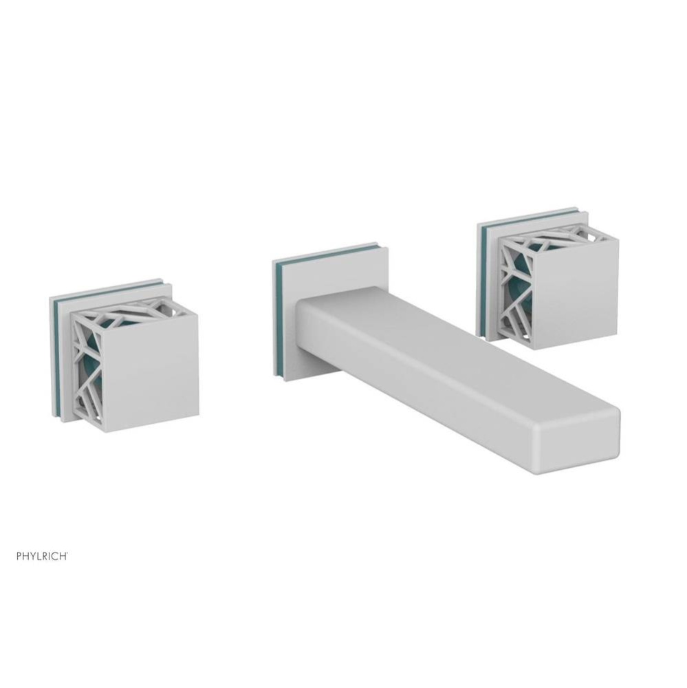 Satin White Jolie Two Handle Wall Tub Set With Rectangular Spout, Square Cutaway Handles, And Turq