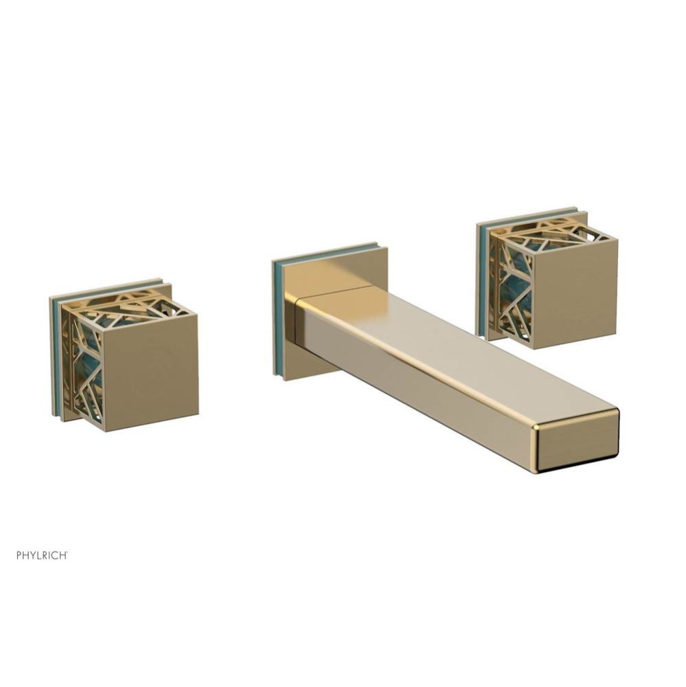 Satin Brass Jolie Two Handle Wall Tub Set With Rectangular Spout, Square Cutaway Handles, And Turq
