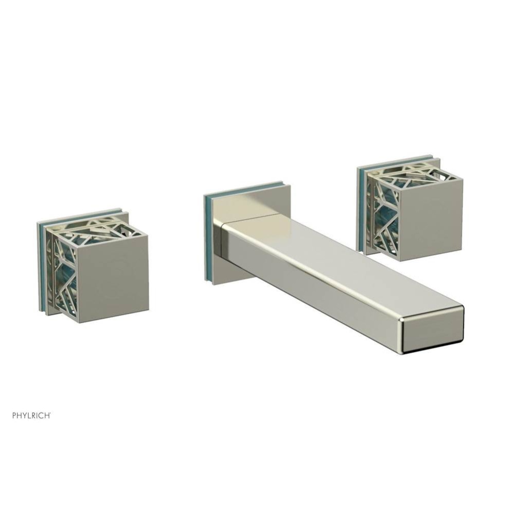 Satin Nickel Jolie Wall Faucet With Rectangular Spout, Square Cutaway Handles, And Turquoise Accen