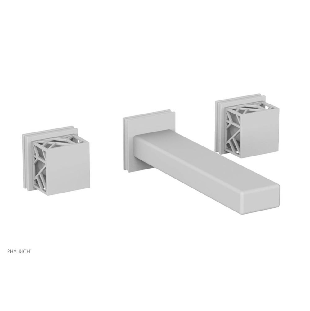 Satin White Jolie Wall Faucet With Rectangular Spout, Square Cutaway Handles, And Gloss White Acce