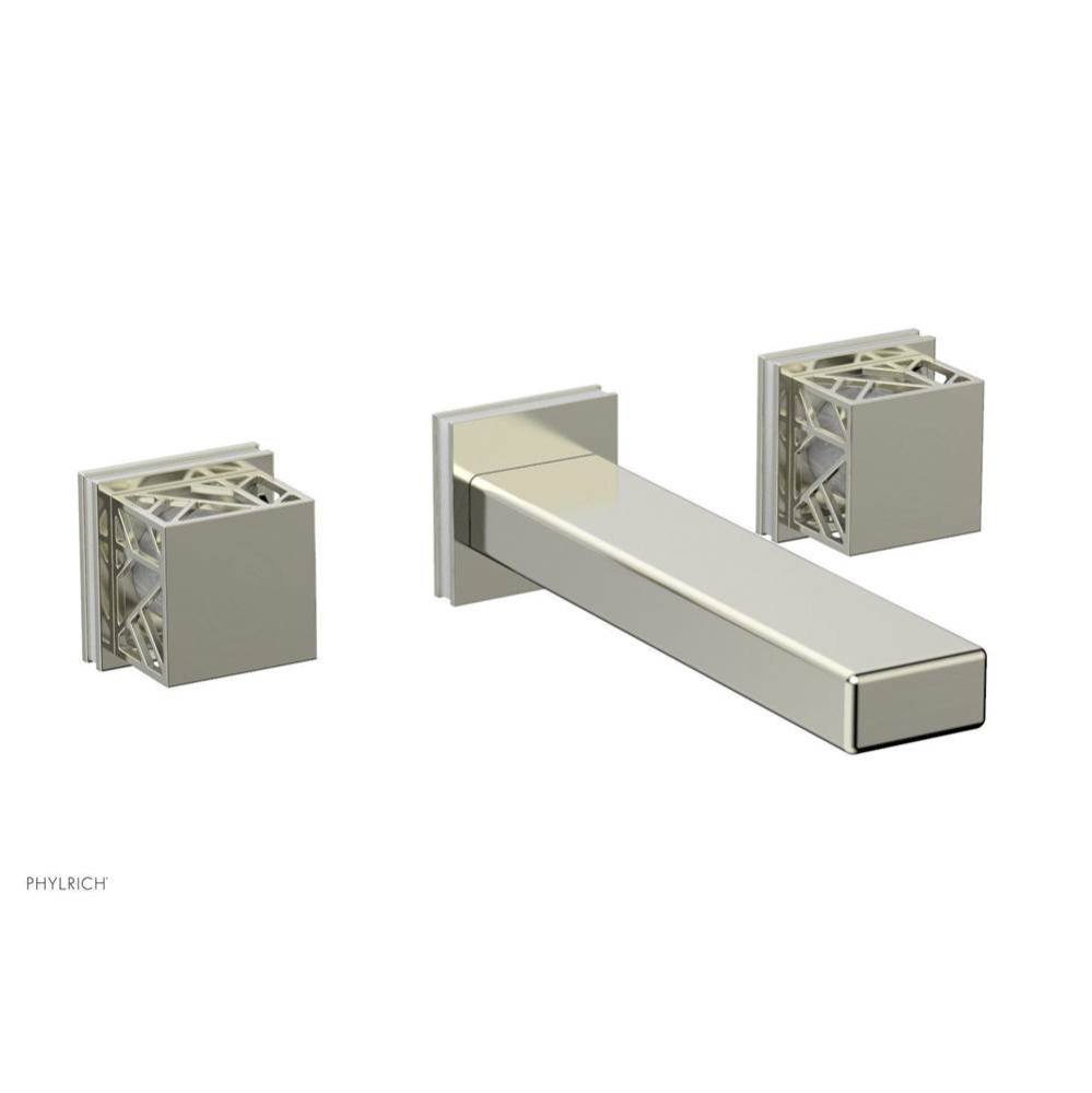 Satin Nickel Jolie Wall Faucet With Rectangular Spout, Square Cutaway Handles, And Gloss White Acc