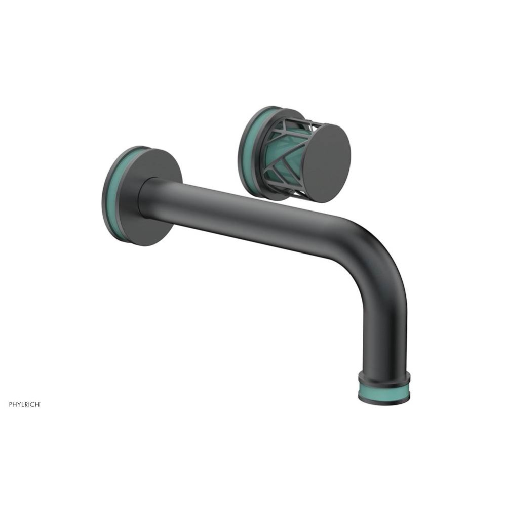 Gunmetal Gray Jolie Single Handle Wall Faucet With Tubular Spout, Round Cutaway Handles, And Turqu