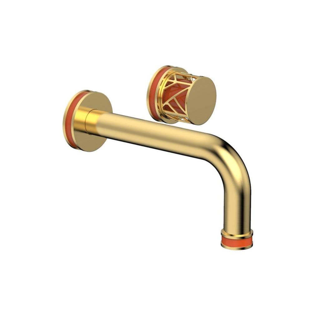 Satin Gold Jolie Single Handle Wall Faucet With Tubular Spout, Round Cutaway Handles, And Orange A