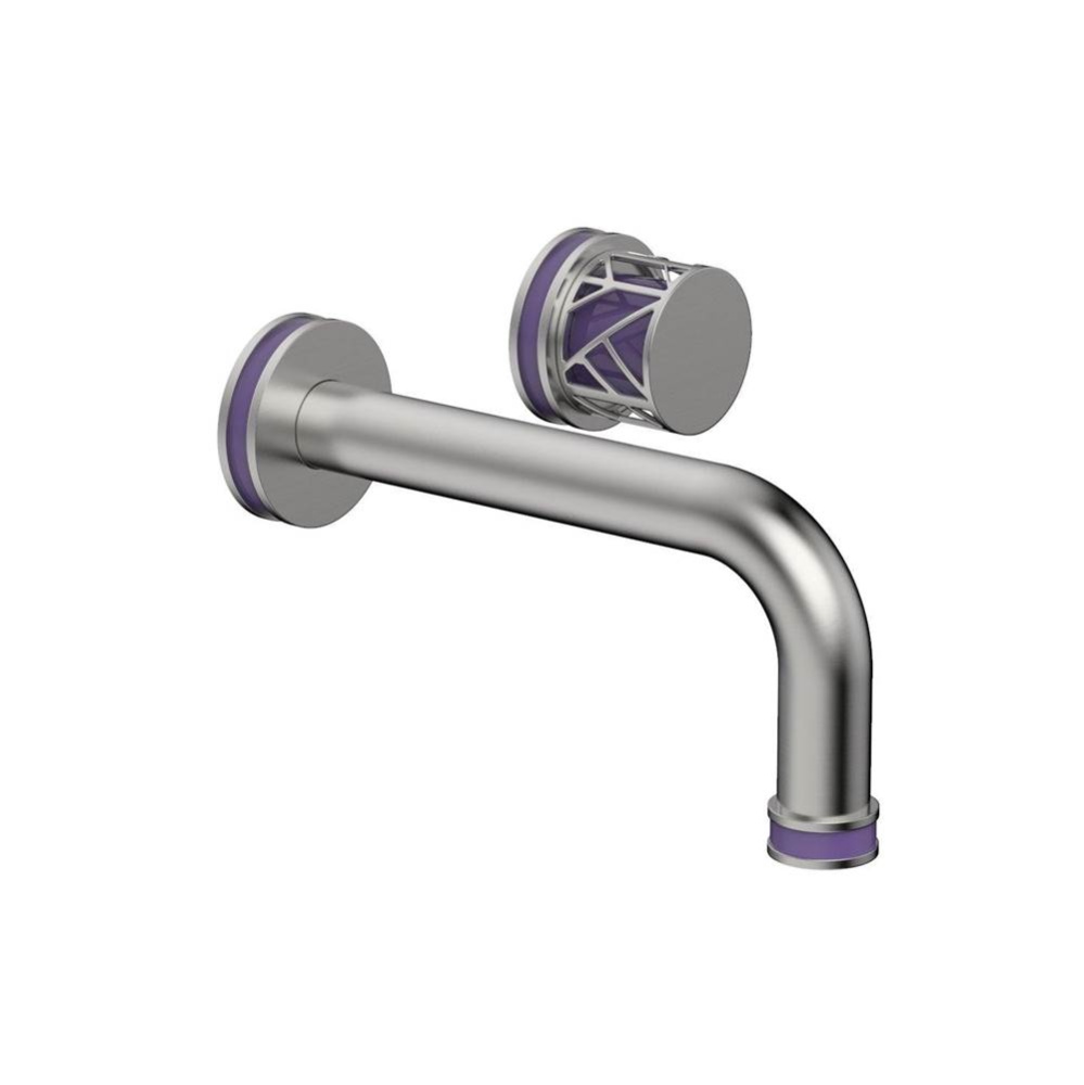 Satin Chrome Jolie Single Handle Wall Faucet With Tubular Spout, Round Cutaway Handles, And Purple