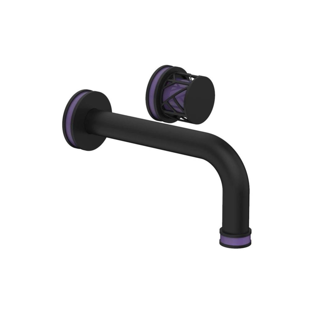 Matte Black Jolie Single Handle Wall Faucet With Tubular Spout, Round Cutaway Handles, And Purple