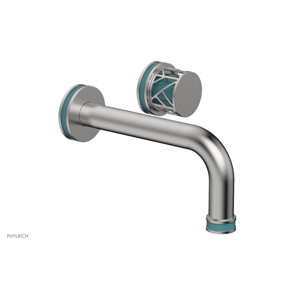 Satin Chrome Jolie Single Handle Wall Faucet With Tubular Spout, Round Cutaway Handles, And Turquo