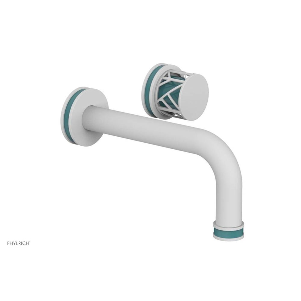 Satin White Jolie Single Handle Wall Faucet With Tubular Spout, Round Cutaway Handles, And Turquoi