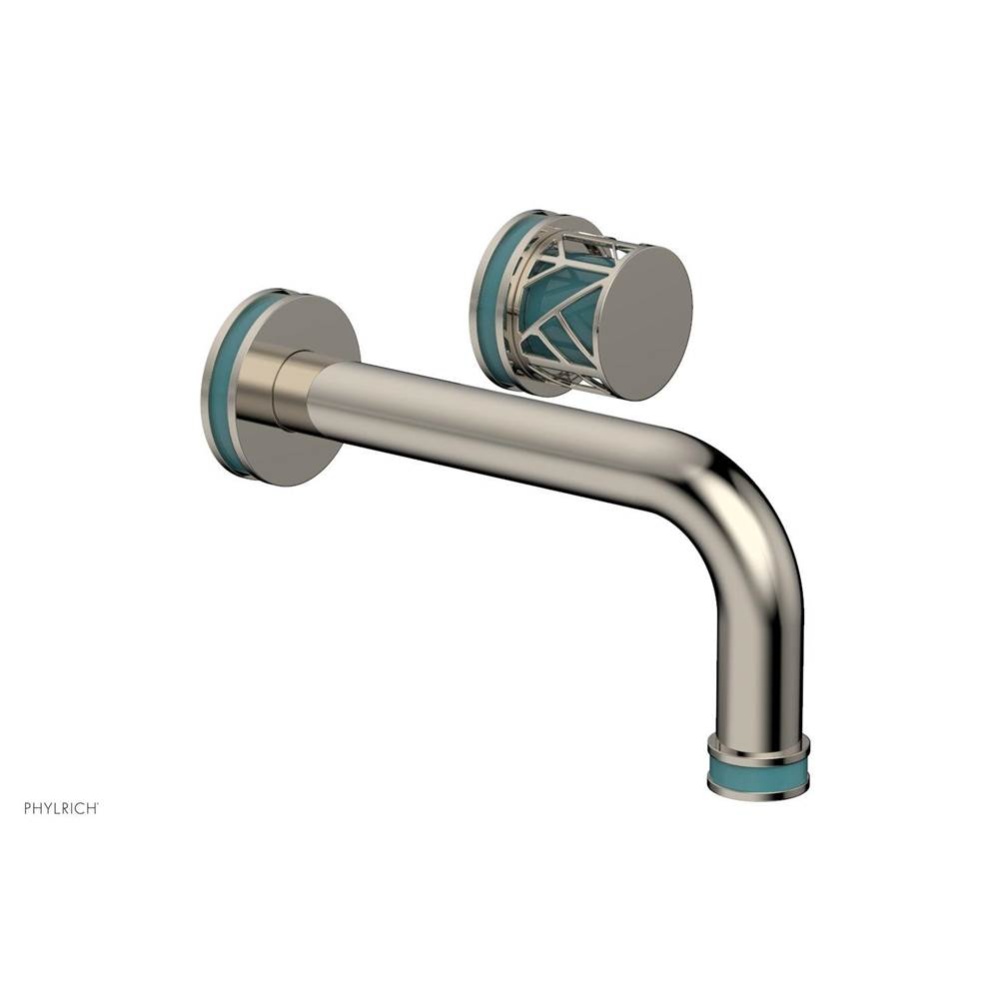 Polished Nickel Jolie Single Handle Wall Faucet With Tubular Spout, Round Cutaway Handles, And Tur