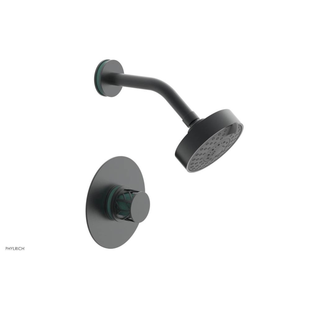 Gunmetal Gray Jolie Pressure Balance Shower Set With Round Trim, Round Cutaway Handle, And Turquoi
