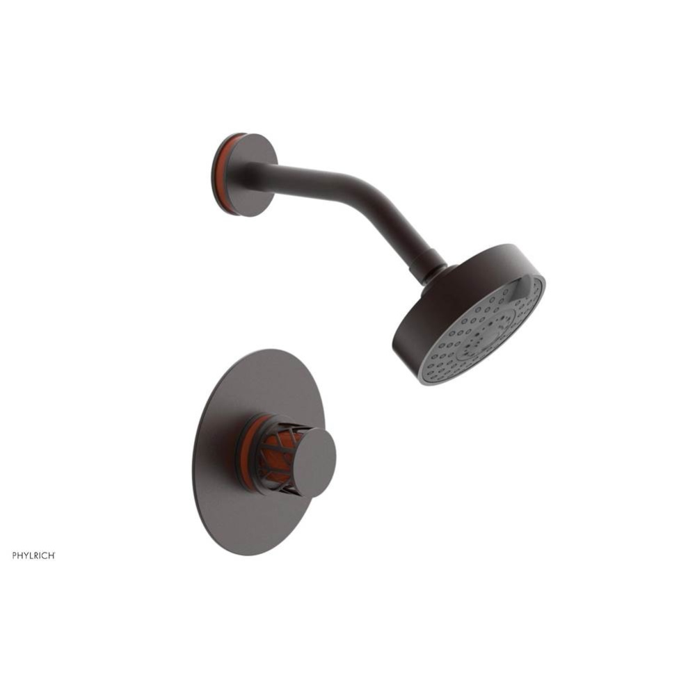 Weathered Copper Jolie Pressure Balance Shower Set With Round Trim, Round Cutaway Handle, And Oran