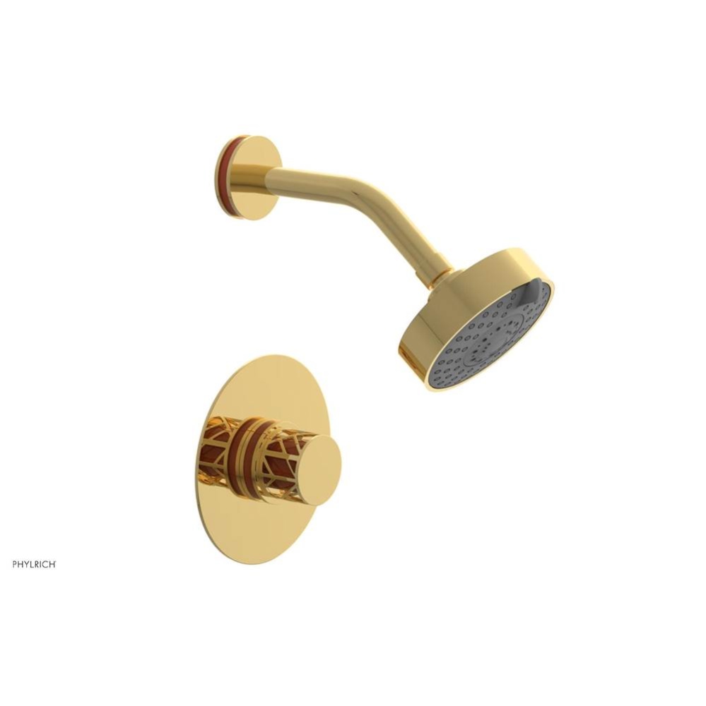 Polished Gold Jolie Pressure Balance Shower Set With Round Trim, Round Cutaway Handle, And Orange