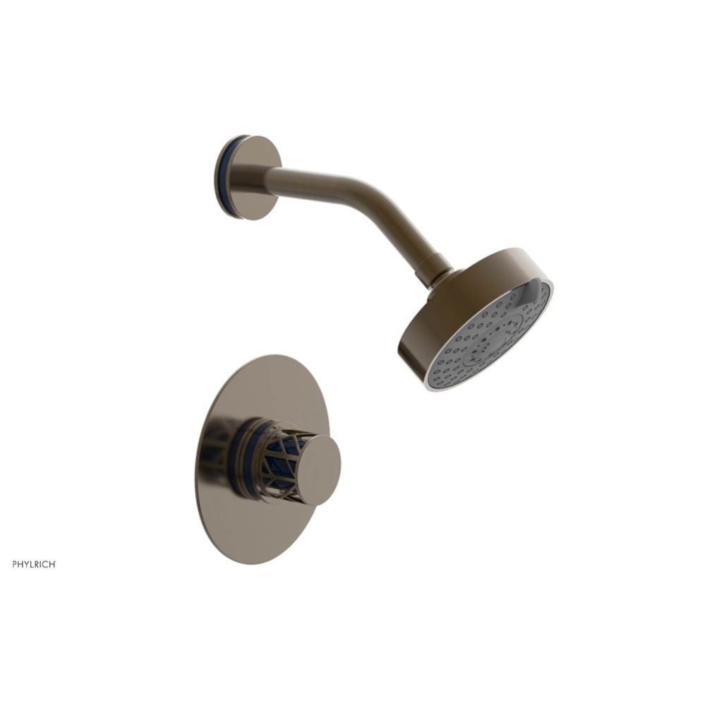 Antique Brass Jolie Pressure Balance Shower Set With Round Trim, Round Cutaway Handle, And Navy Bl