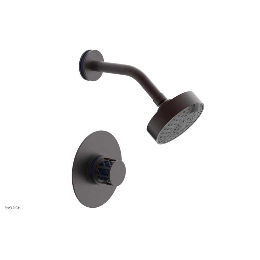 Weathered Copper Jolie Pressure Balance Shower Set With Round Trim, Round Cutaway Handle, And Navy