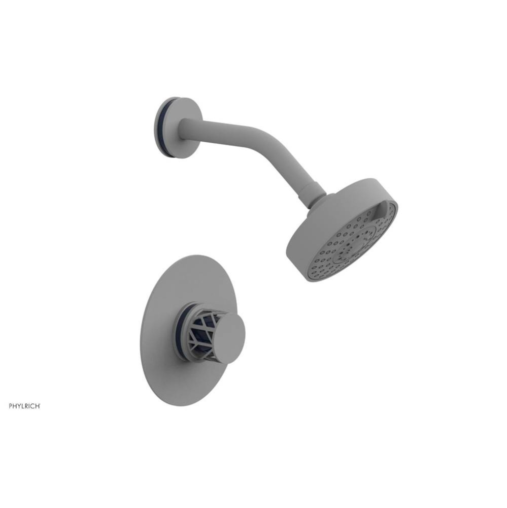 Satin White Jolie Pressure Balance Shower Set With Round Trim, Round Cutaway Handle, And Navy Blue
