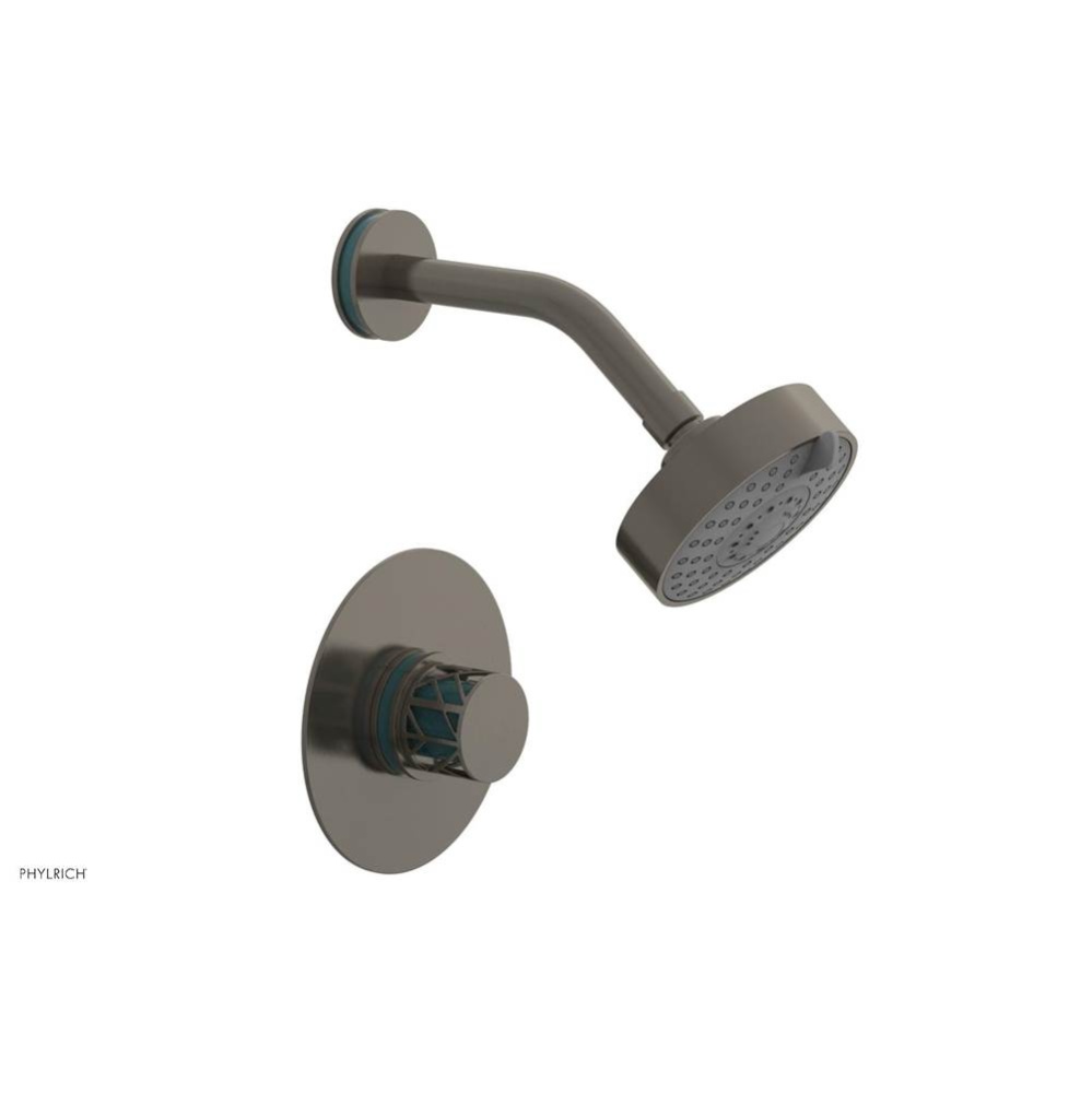 Pewter Jolie Pressure Balance Shower Set With Round Trim, Round Cutaway Handle, And Turquoise Acce