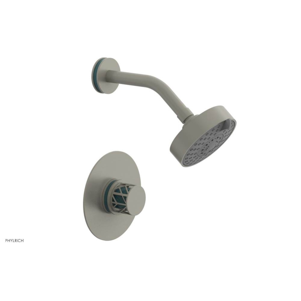Burnished Nickel Jolie Pressure Balance Shower Set With Round Trim, Round Cutaway Handle, And Turq