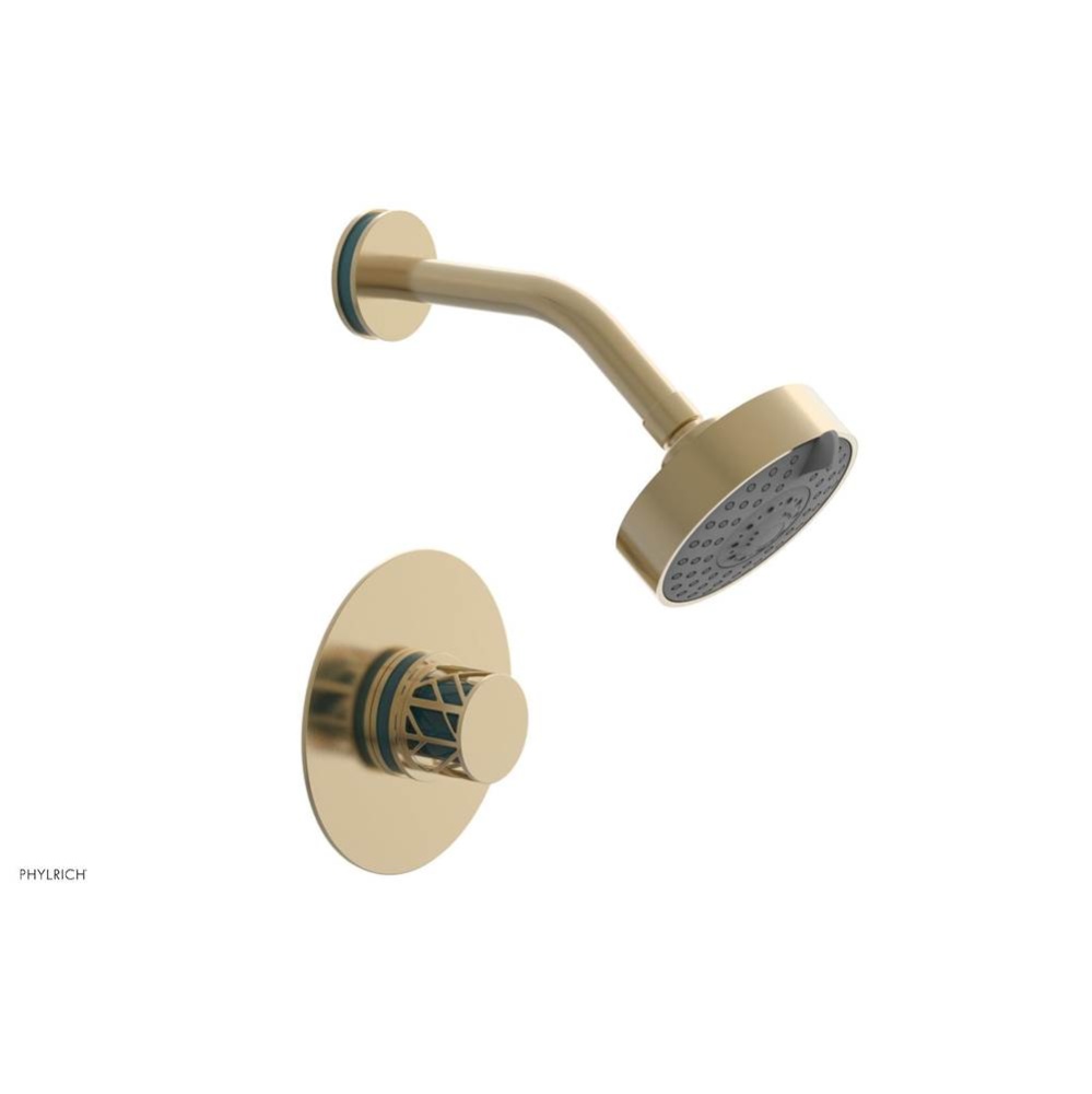 Satin Brass Jolie Pressure Balance Shower Set With Round Trim, Round Cutaway Handle, And Turquoise