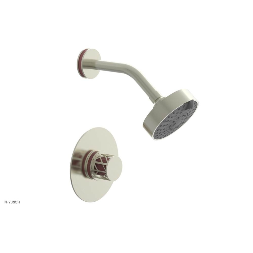 Satin Nickel Jolie Pressure Balance Shower Set With Round Trim, Round Cutaway Handle, And Pink Acc