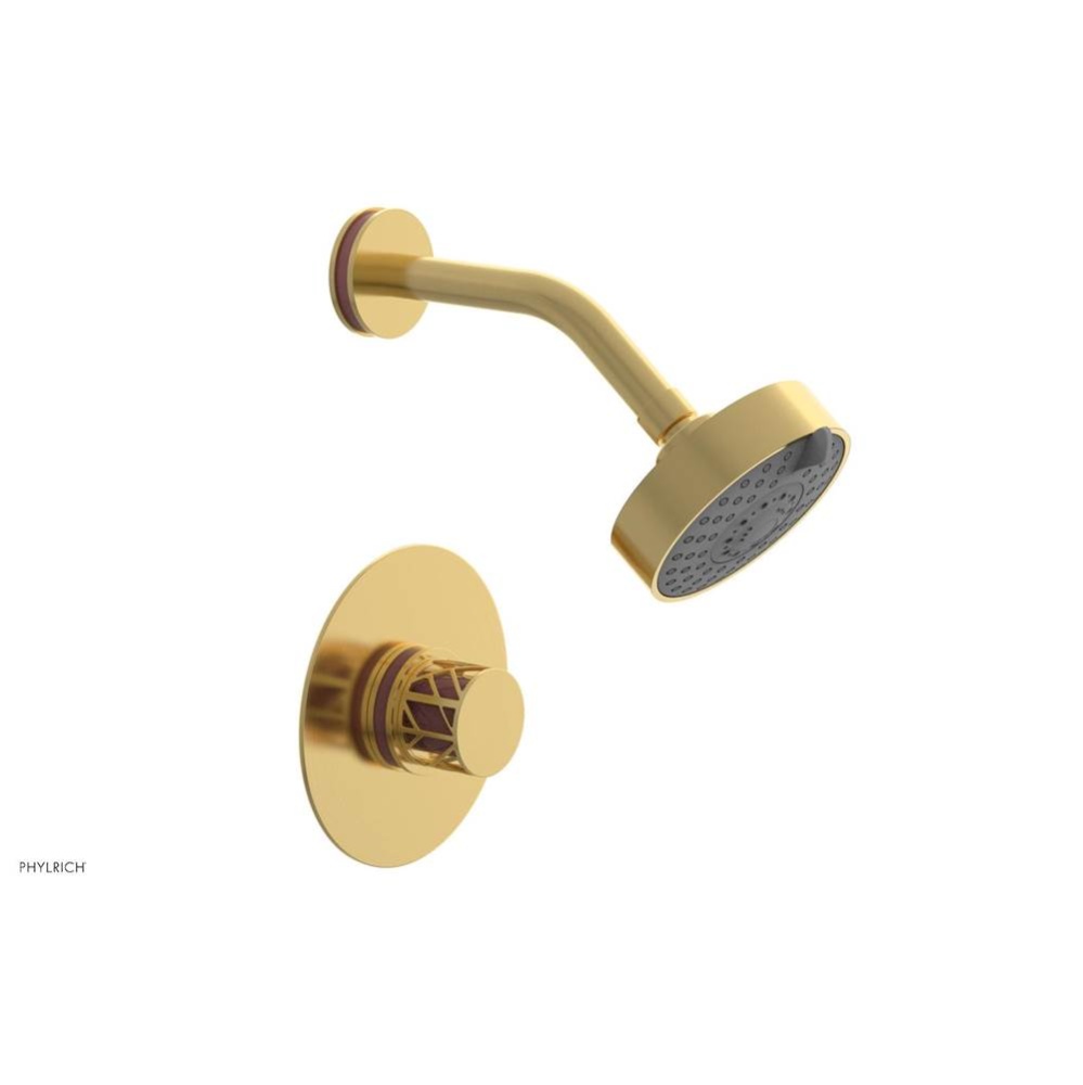 Satin Gold Jolie Pressure Balance Shower Set With Round Trim, Round Cutaway Handle, And Pink Accen