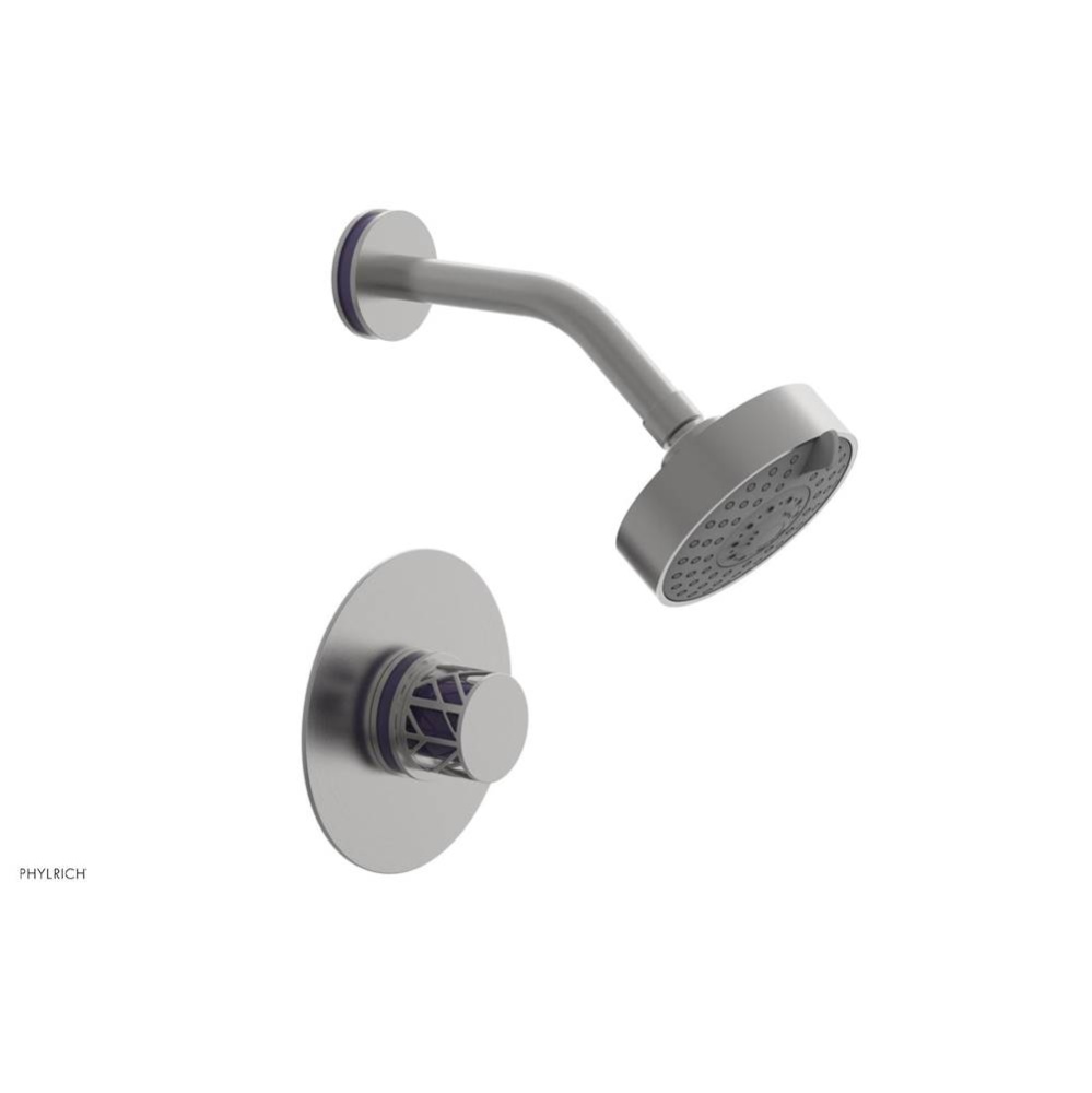 Satin Chrome Jolie Pressure Balance Shower Set With Round Trim, Round Cutaway Handle, And Purple A