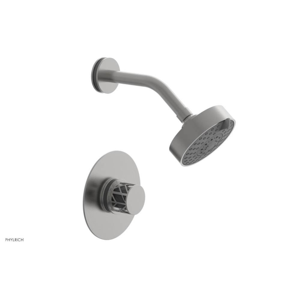 Satin Chrome Jolie Pressure Balance Shower Set With Round Trim, Round Cutaway Handle, And Grey Acc