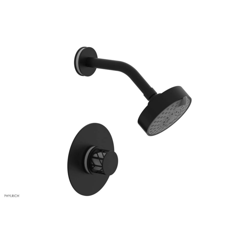 Matte Black Jolie Pressure Balance Shower Set With Round Trim, Round Cutaway Handle, And Gloss Whi