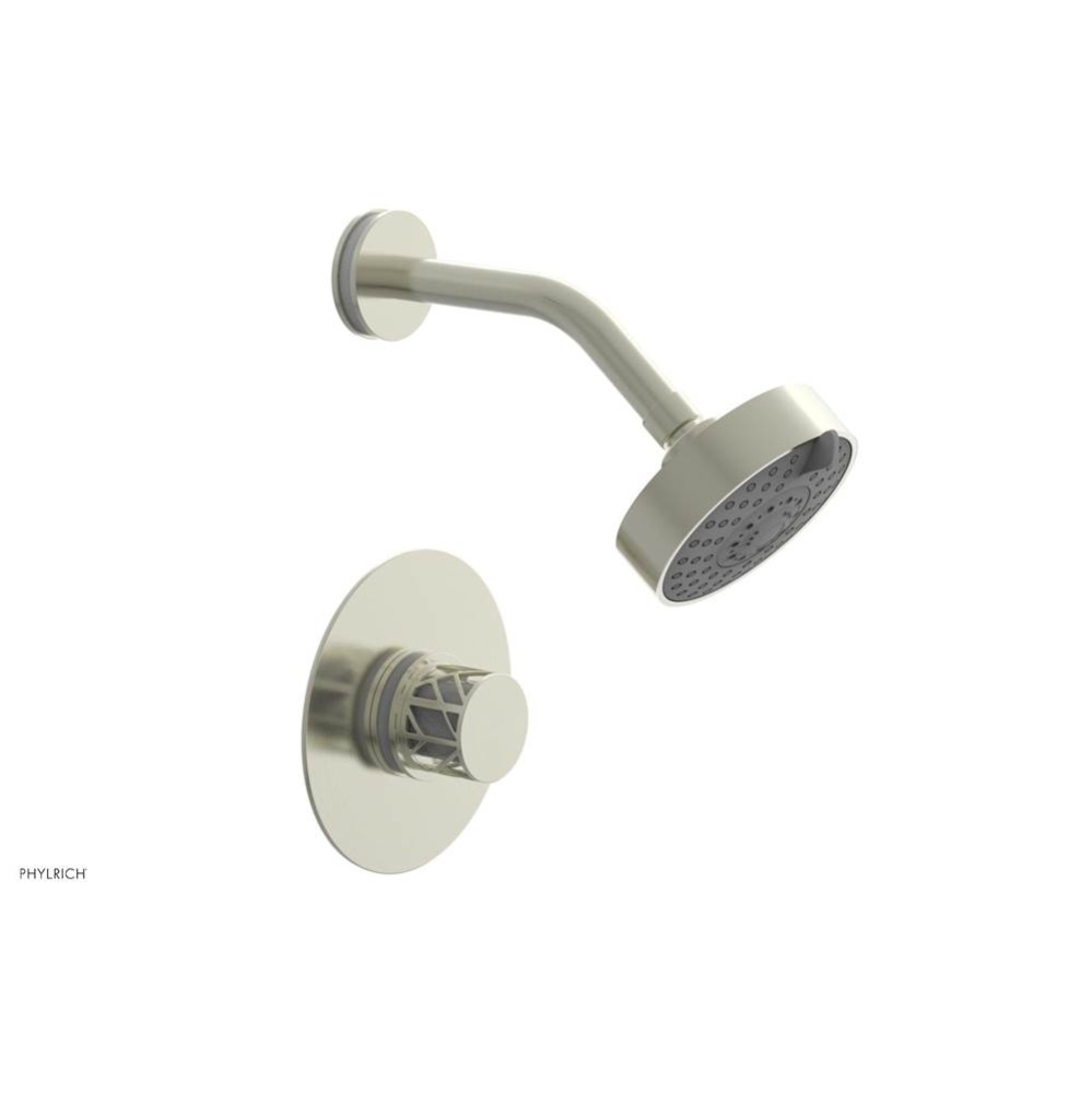 Satin Nickel Jolie Pressure Balance Shower Set With Round Trim, Round Cutaway Handle, And Gloss Wh