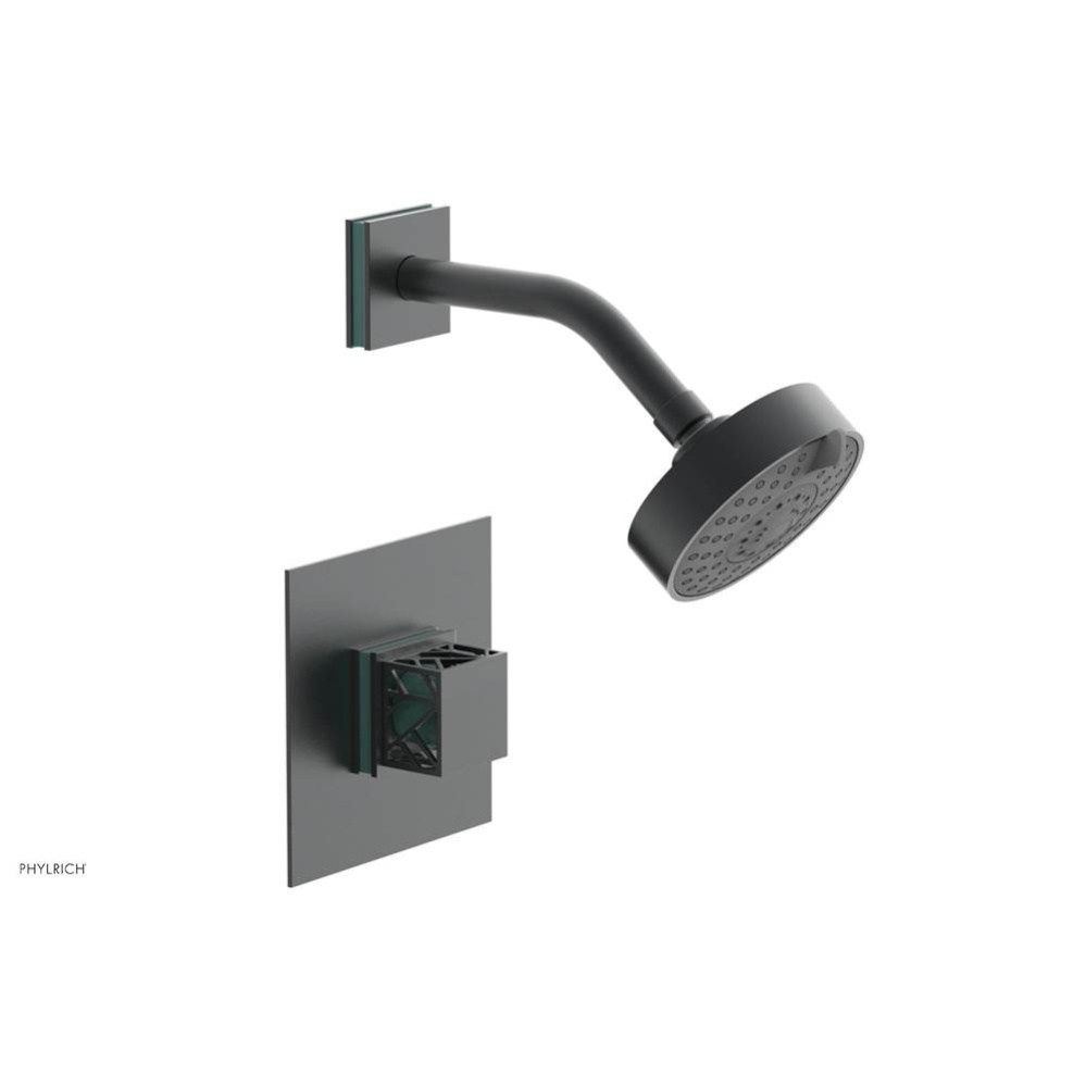 Gunmetal Gray Jolie Pressure Balance Shower Set With Square Trim, Square Cutaway Handle, And Turqu