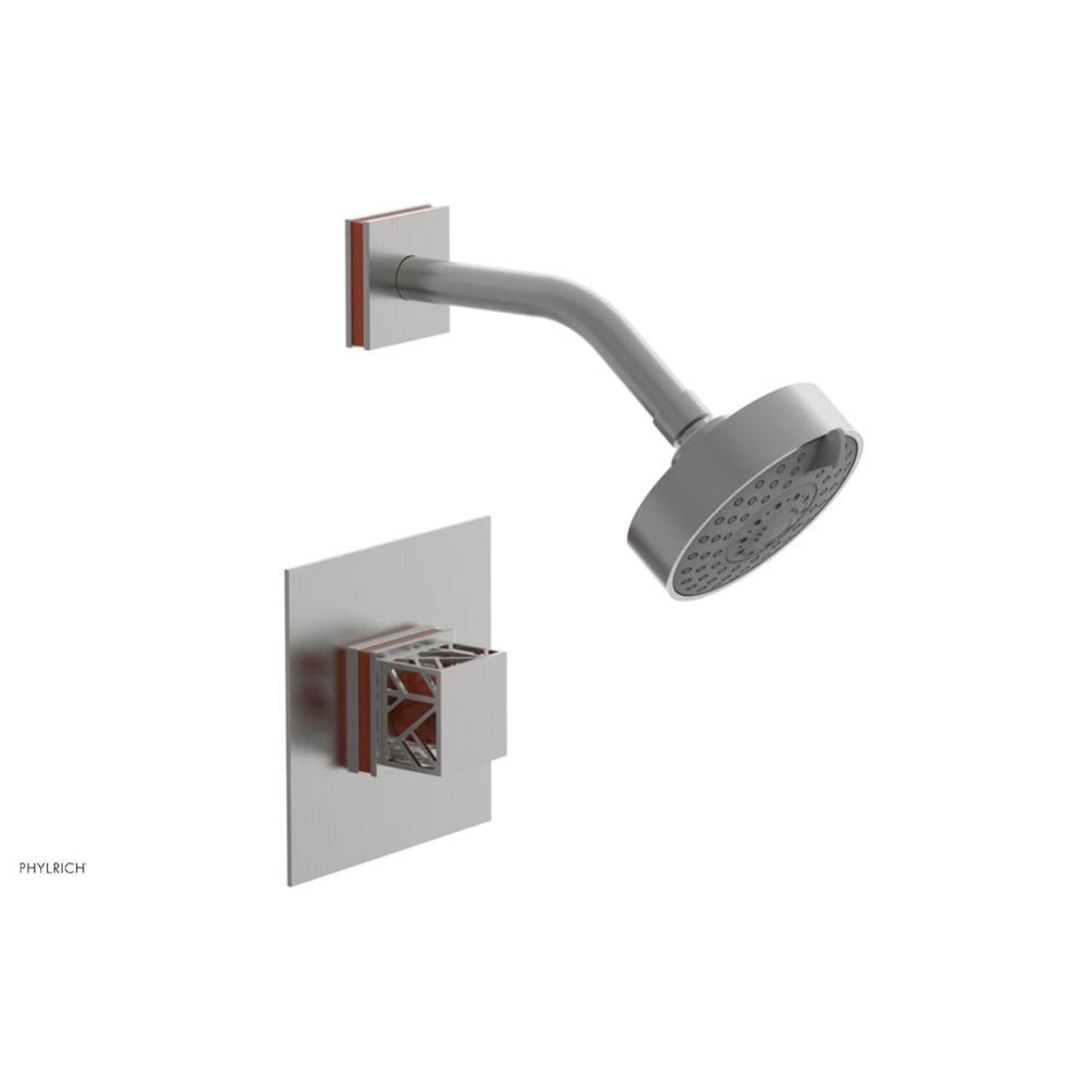Satin Chrome Jolie Pressure Balance Shower Set With Square Trim, Square Cutaway Handle, And Orange