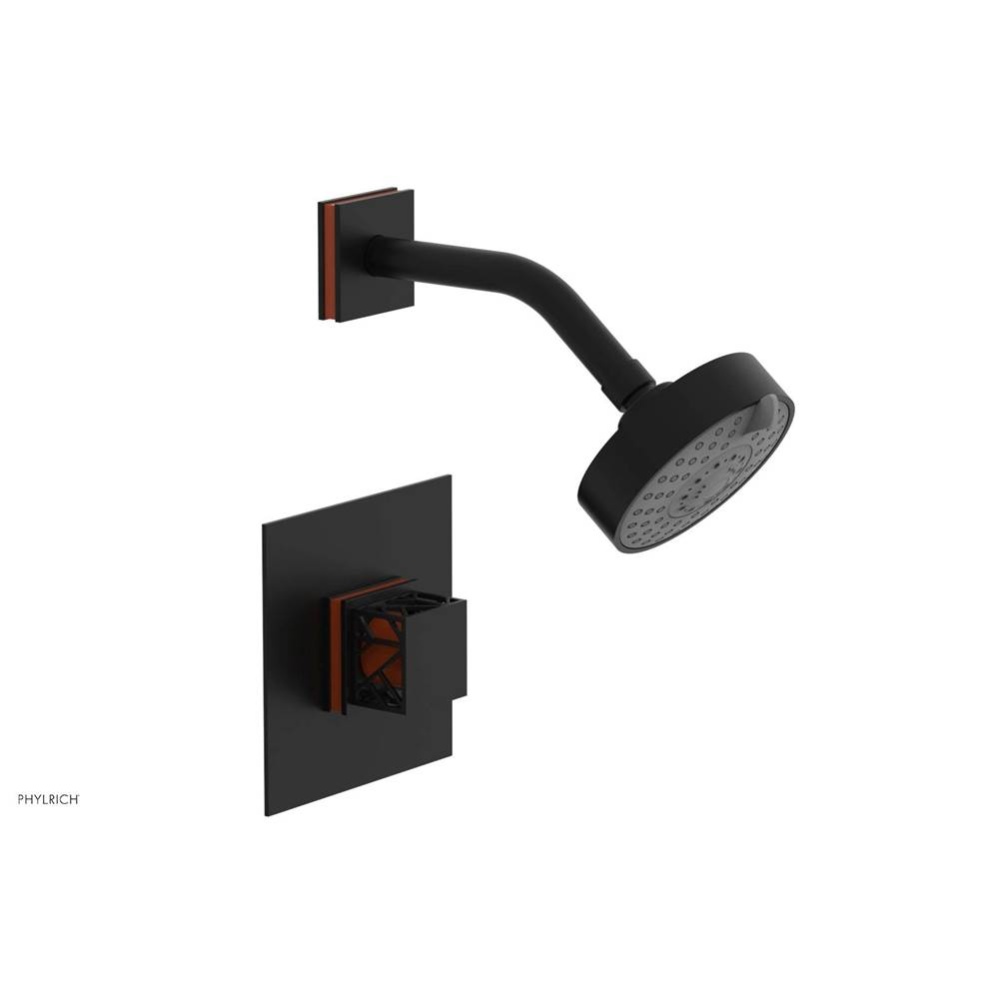 Matte Black Jolie Pressure Balance Shower Set With Square Trim, Square Cutaway Handle, And Orange