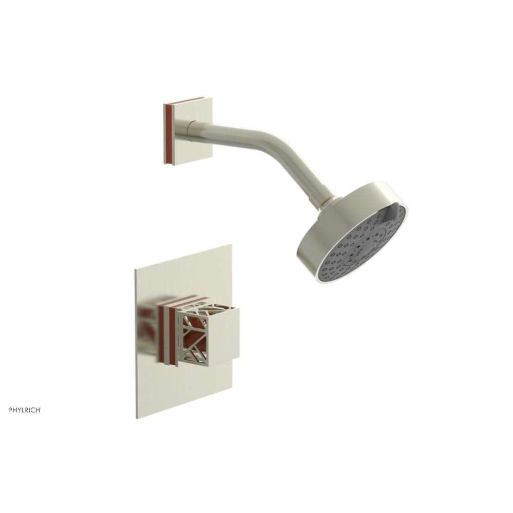 Satin Nickel Jolie Pressure Balance Shower Set With Square Trim, Square Cutaway Handle, And Orange